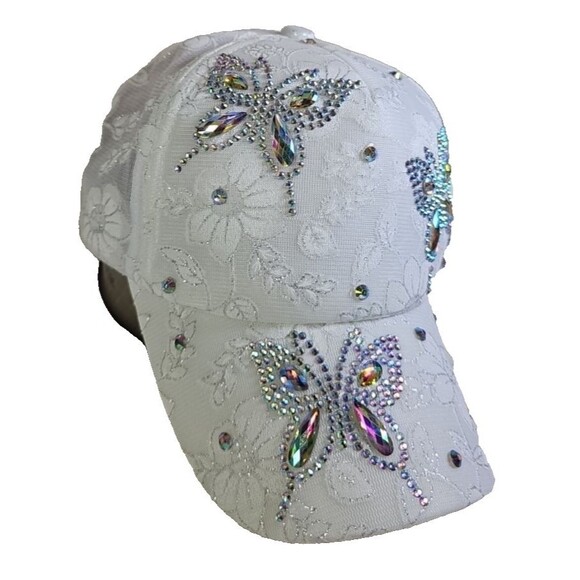 Butterfly Bling Headwear  Lace Rhinestone Hat - Womens Crystal Gem Bling Cap - Picture 3 of 4